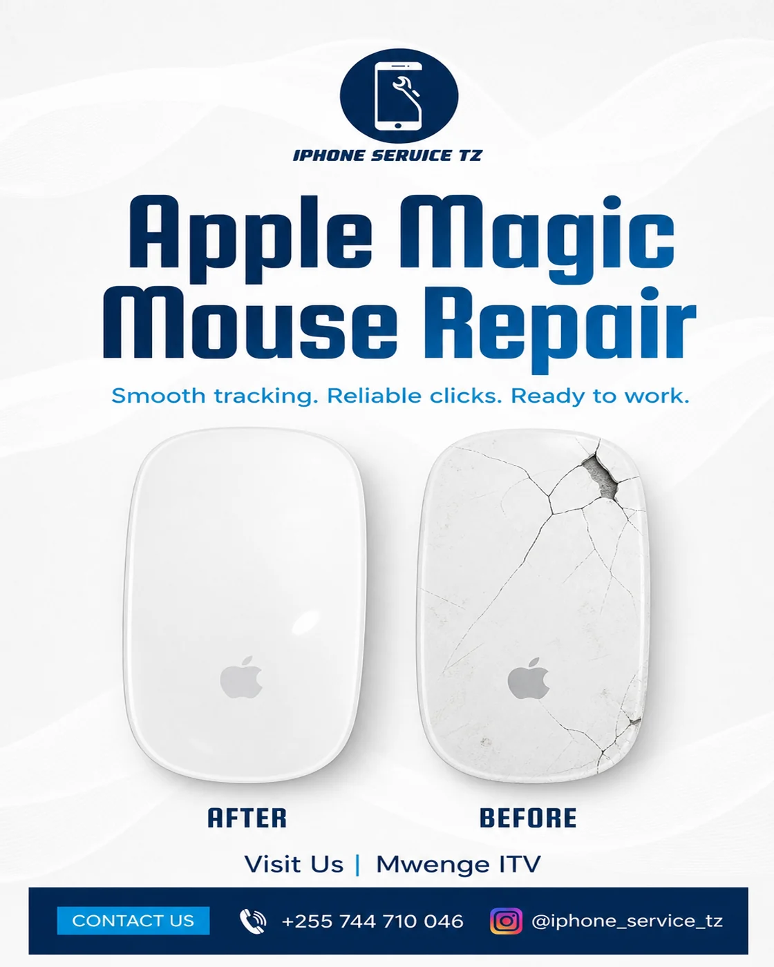 Apple Magic Mouse repair service poster showing a repaired mouse beside a cracked one