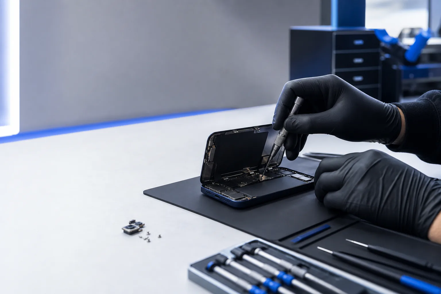 Technician repairing a smartphone at a clean professional workbench