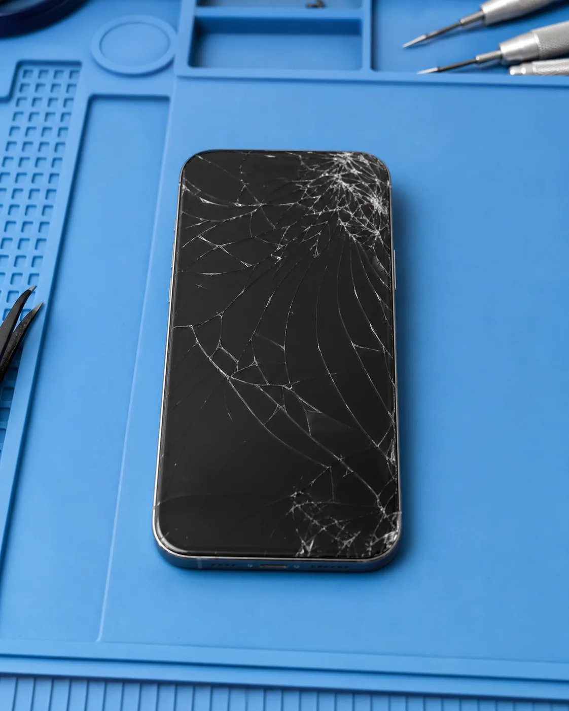 Cracked smartphone screen ready for repair